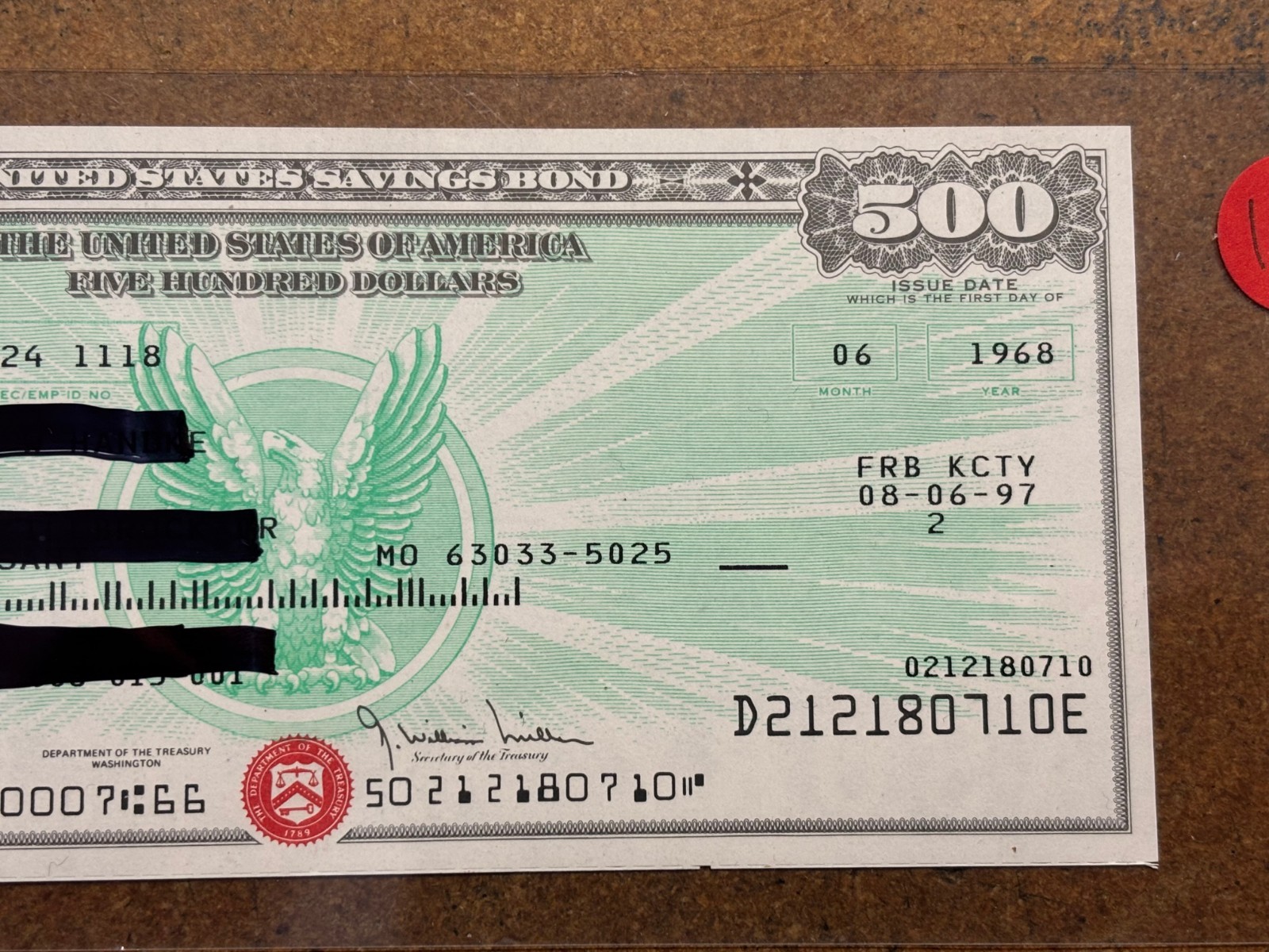 1968 Series E $500 SAVINGS BOND Woodrow Wilson MARKER NOT ON BOND Kansas City