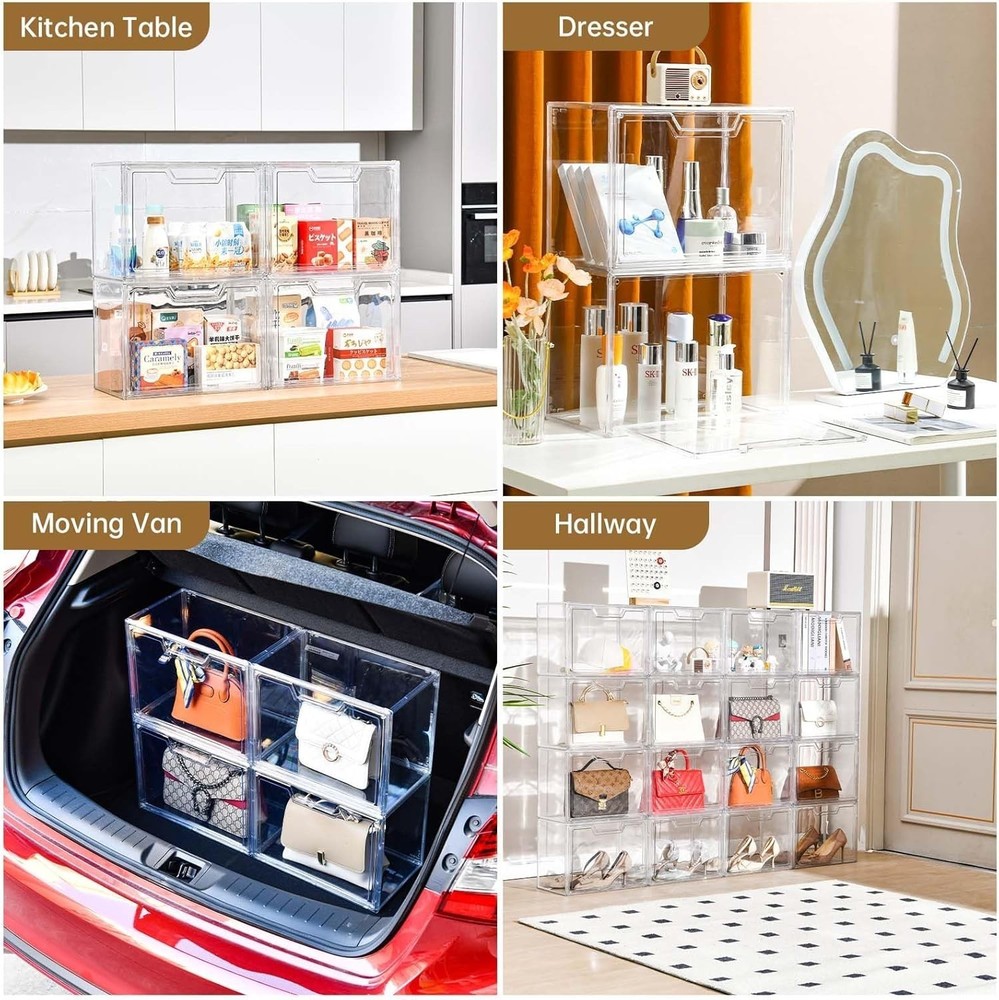 3 Pack Clear Storage Bins W/ Lids Storage Containers W/ Magnetic Door Stackable