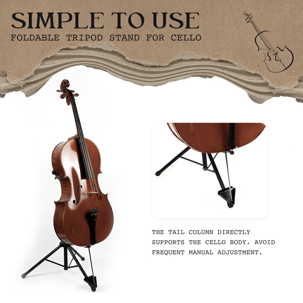Cello Stand with Bow Hook - Adjustable, Sturdy Support for All Size Cellos - ...
