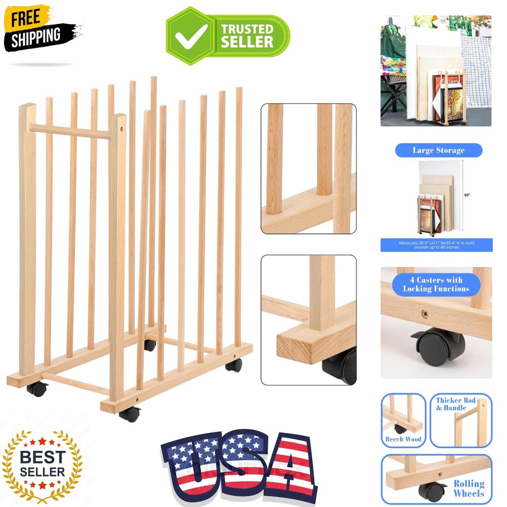 Large Art Drying Rack with Four Caster Wheels and Handle - Solid Wooden Canva...