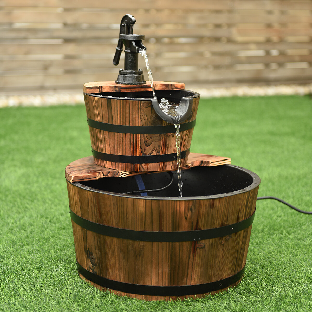 2 Tier Barrel Waterfall Fountain Barrel Wooden Water Fountain Pump Garden Patio