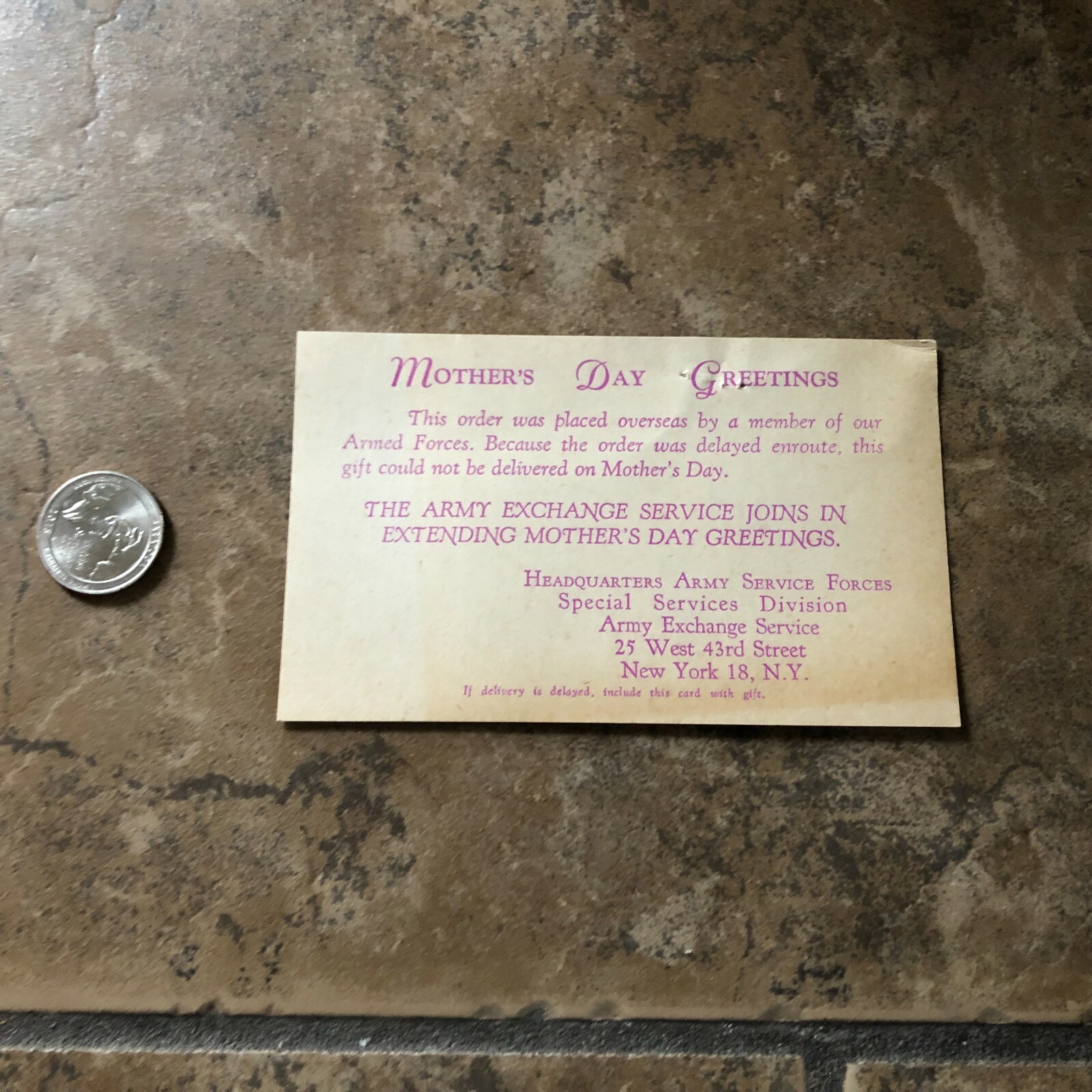 Army Exchange Service Forces WW2 Mother's Day greeting card