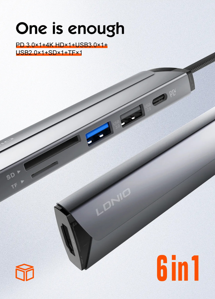 6 in 1 USB-C Multi-function Docking Station PD100W Type-C HDMI SD TF, 2x USB-A