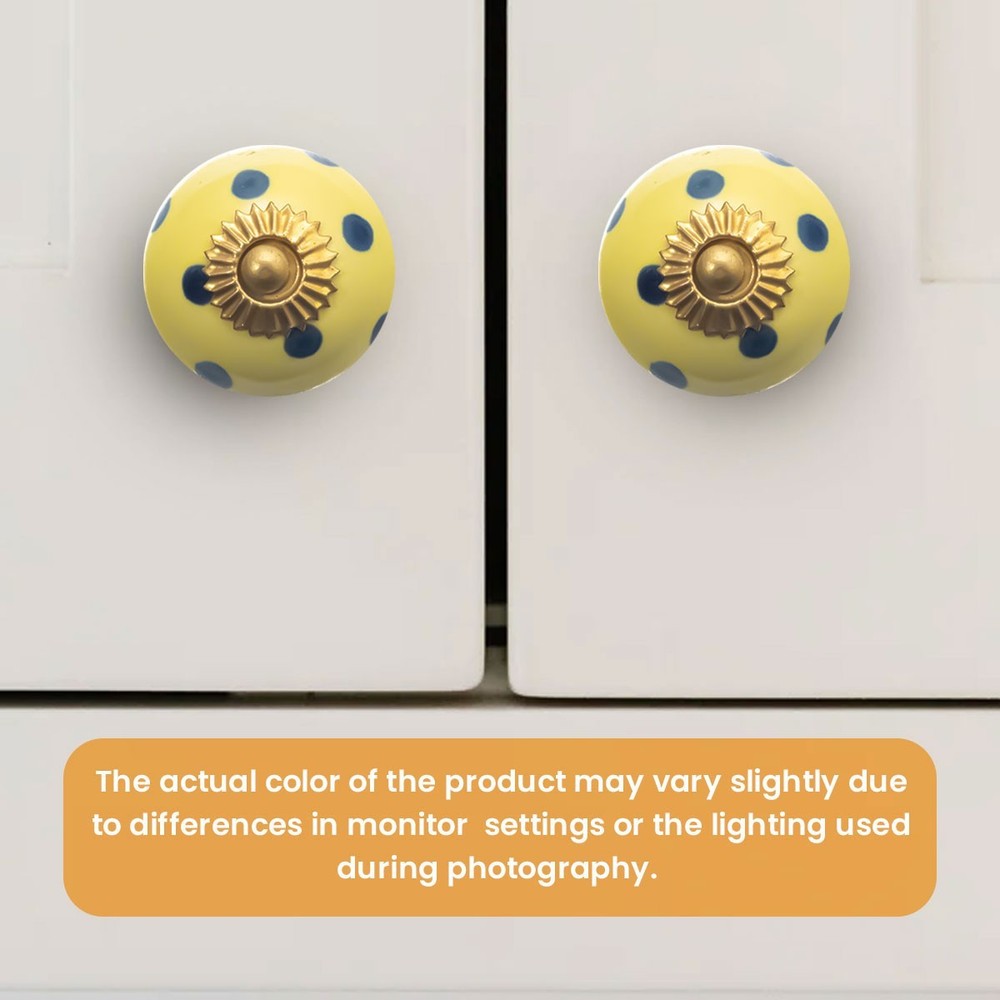 Yellow & Blue Polka Dot Ceramic Knobs (6 Pack) - Antique Brass Accent, 1.5 Inch