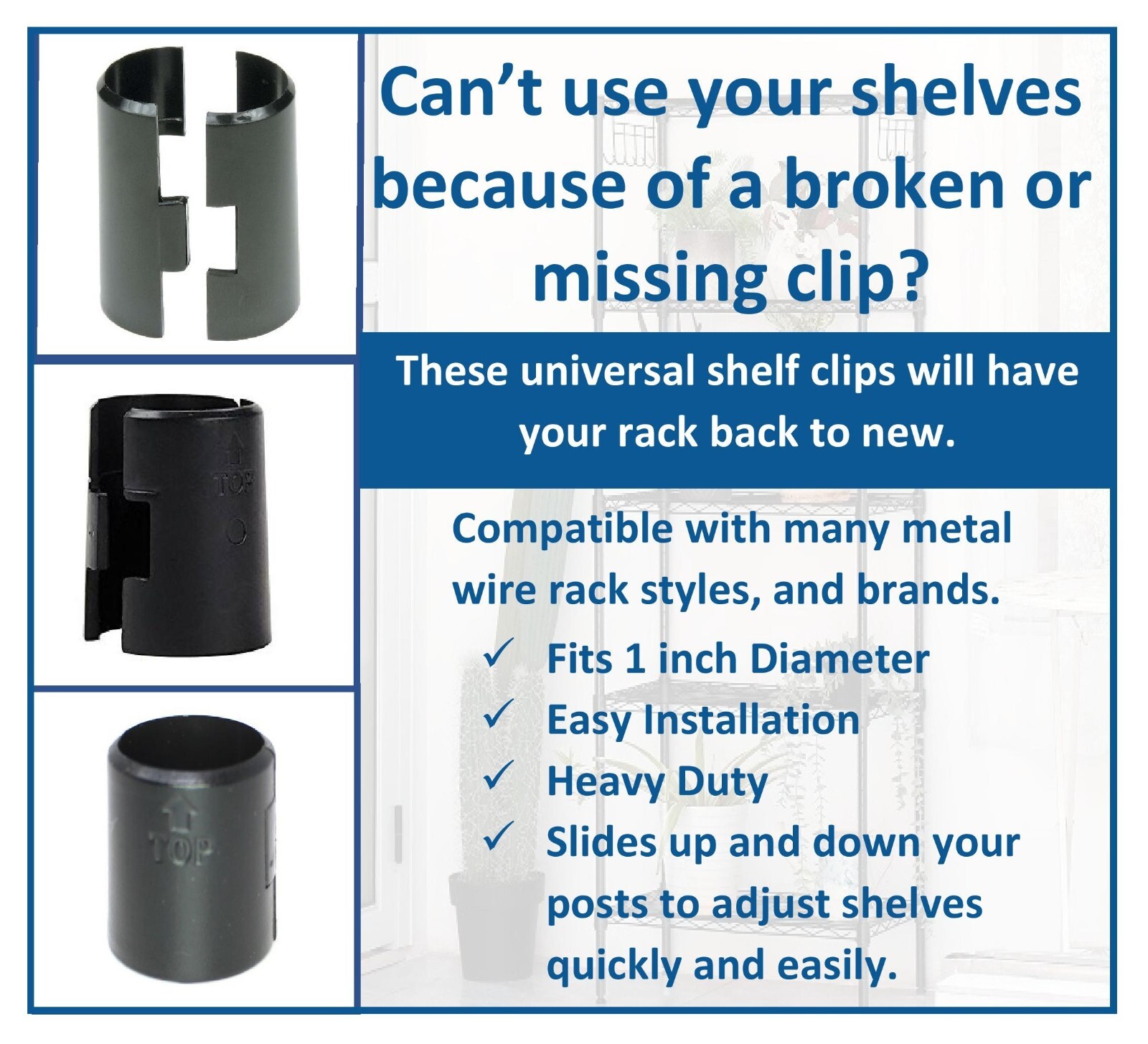 1" Diameter Wire Shelf Clips Shelving Split Sleeves Lock Locking Plastic Bulk