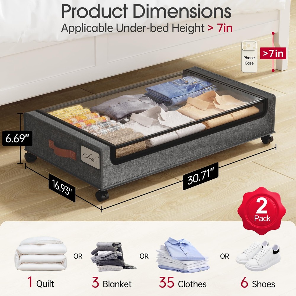 Under Bed Storage with Wheels, 2Pack Under Bed Storage Containers, Underbed S...