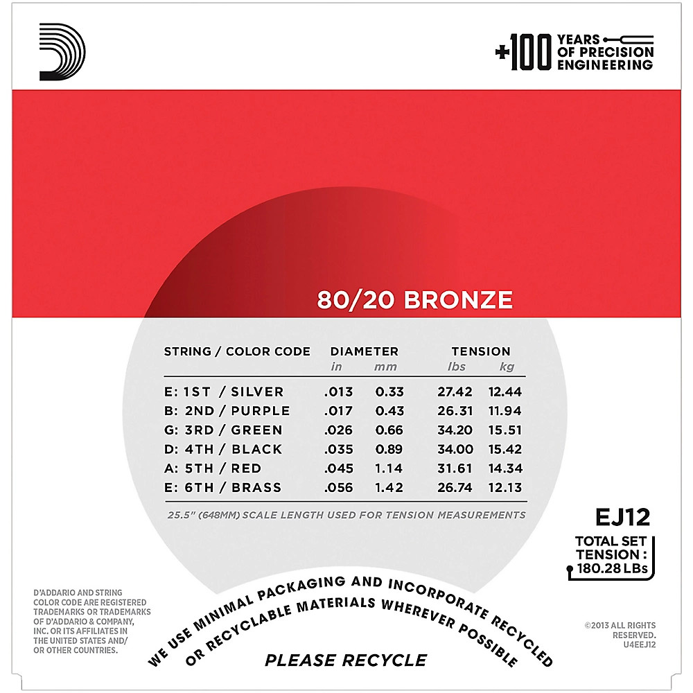 D'Addario EJ12 80/20 Bronze Medium Acoustic Guitar Strings - 3 Pack