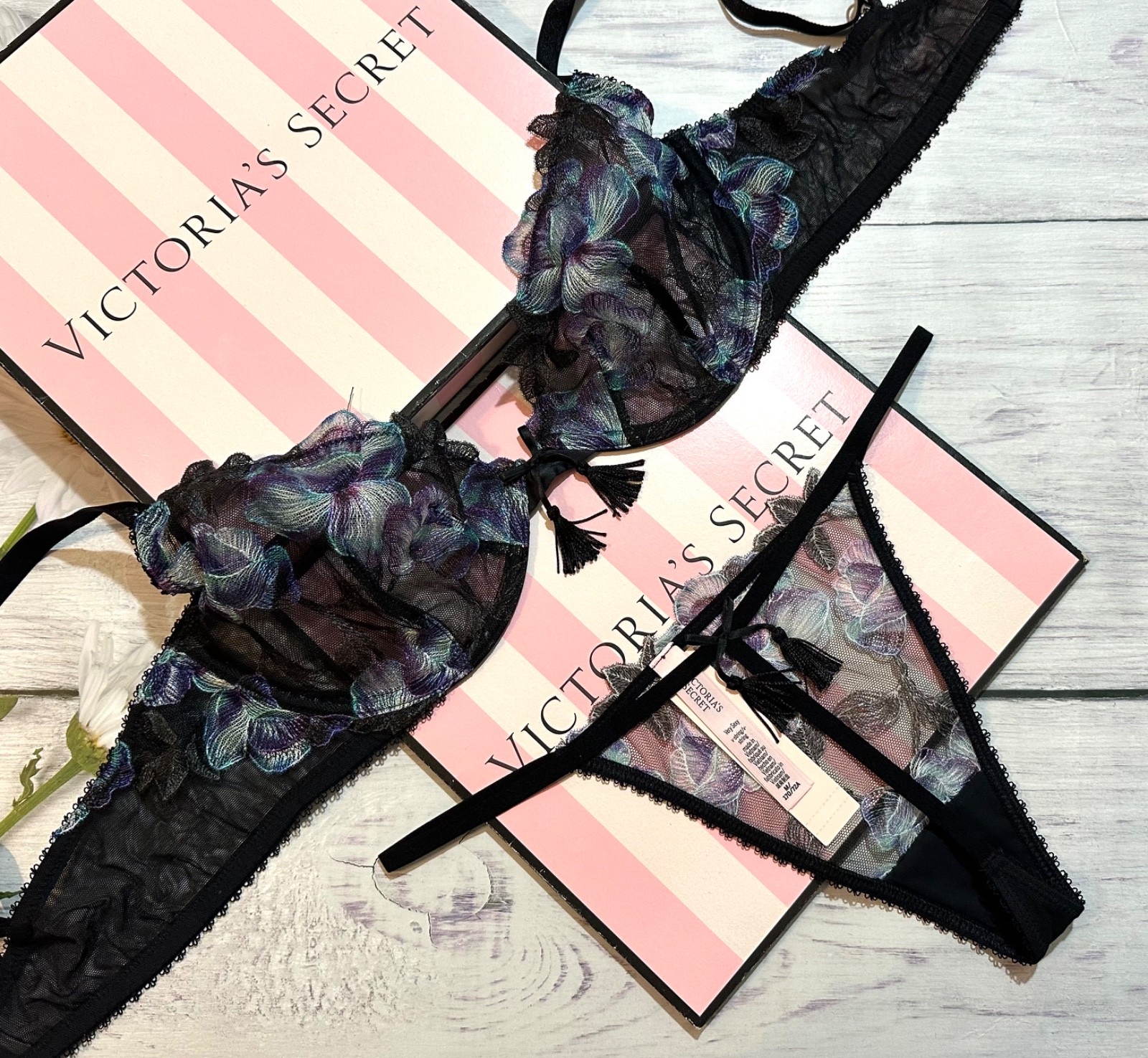 Victoria's Secret Black Electric Orchid Embroidery Unlined Demi Bra Garter Set
