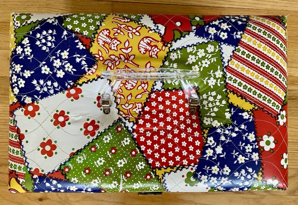 Mod 60s Vintage Vinyl Patchwork Sewing Box with Accessory Tray