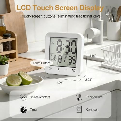 Shower Clock Waterproof, Bathroom Digital Clock with Timer, LCD 5.5 Inch White