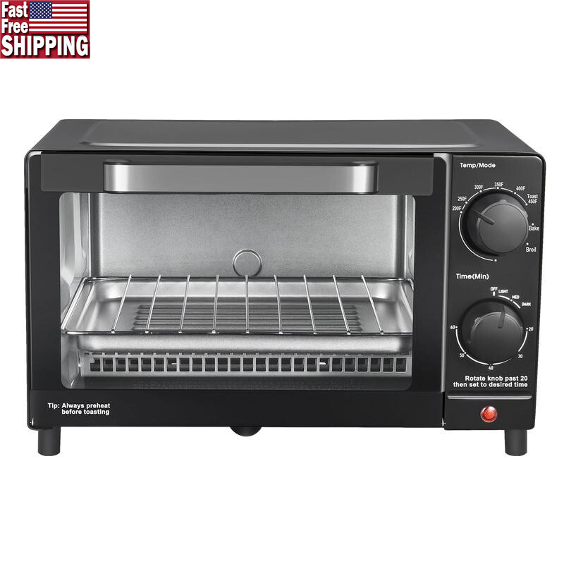4 Slice Toaster Oven W/ Adjustable Timer Bake Rack & Pan Easy Clean Design New