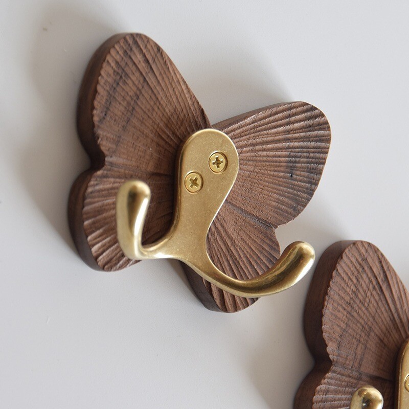 Butterfly Solid Wood Creative Walnut Traceless Adhesive Coat Door Clothes Hook.