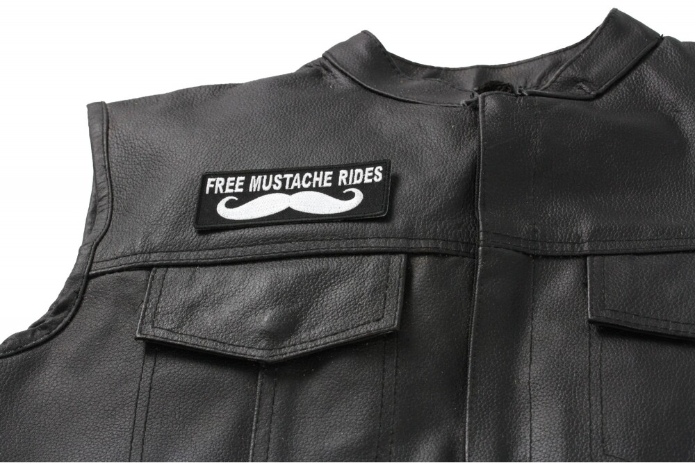 Embroidered Iron-On Patch, Free Mustache Rides, 4" x 1.5"