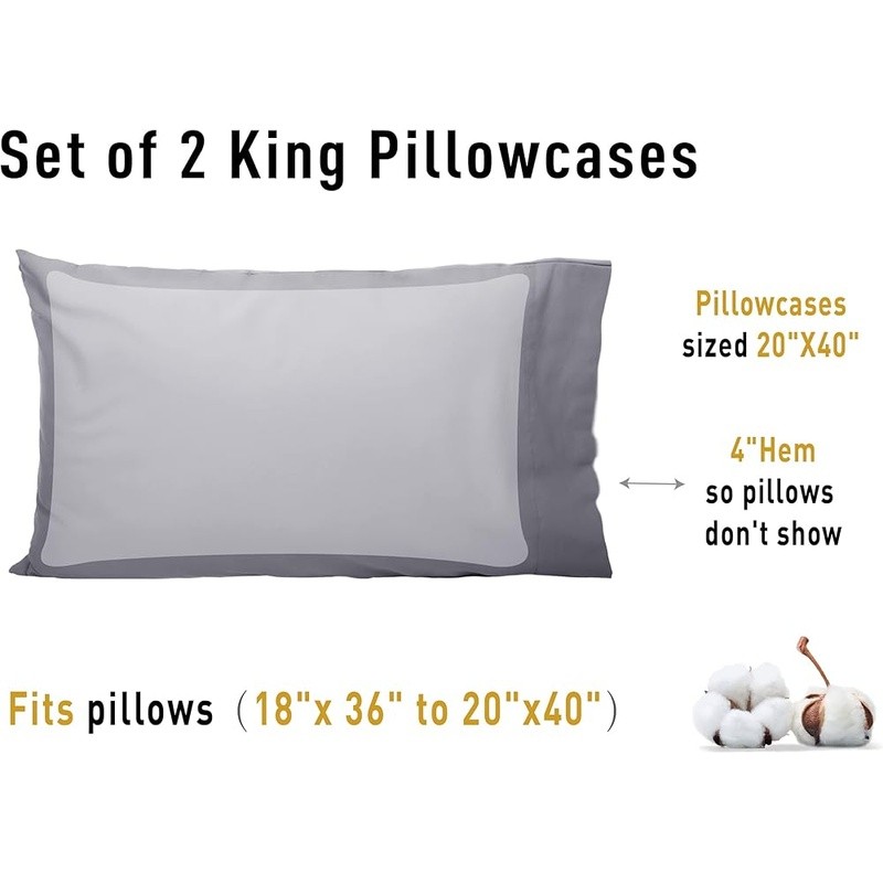 Breathable 100 Cotton King Pillowcases Soft Durable Quality Craftsmanship Set US