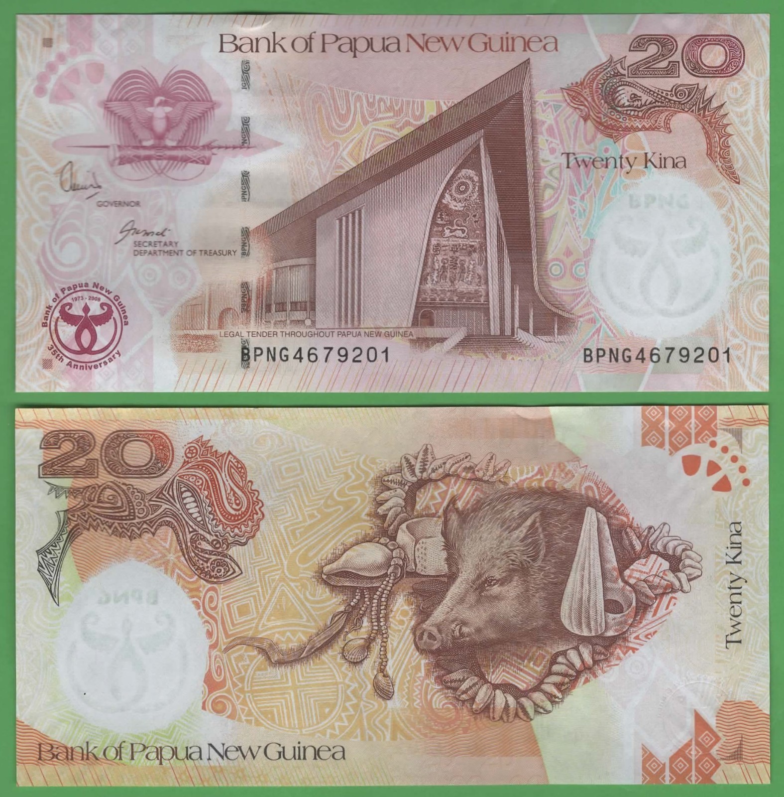 Papua New Guinea 20 Kina UNC • P‑36 • 35th Anniversary • Bird of Paradise