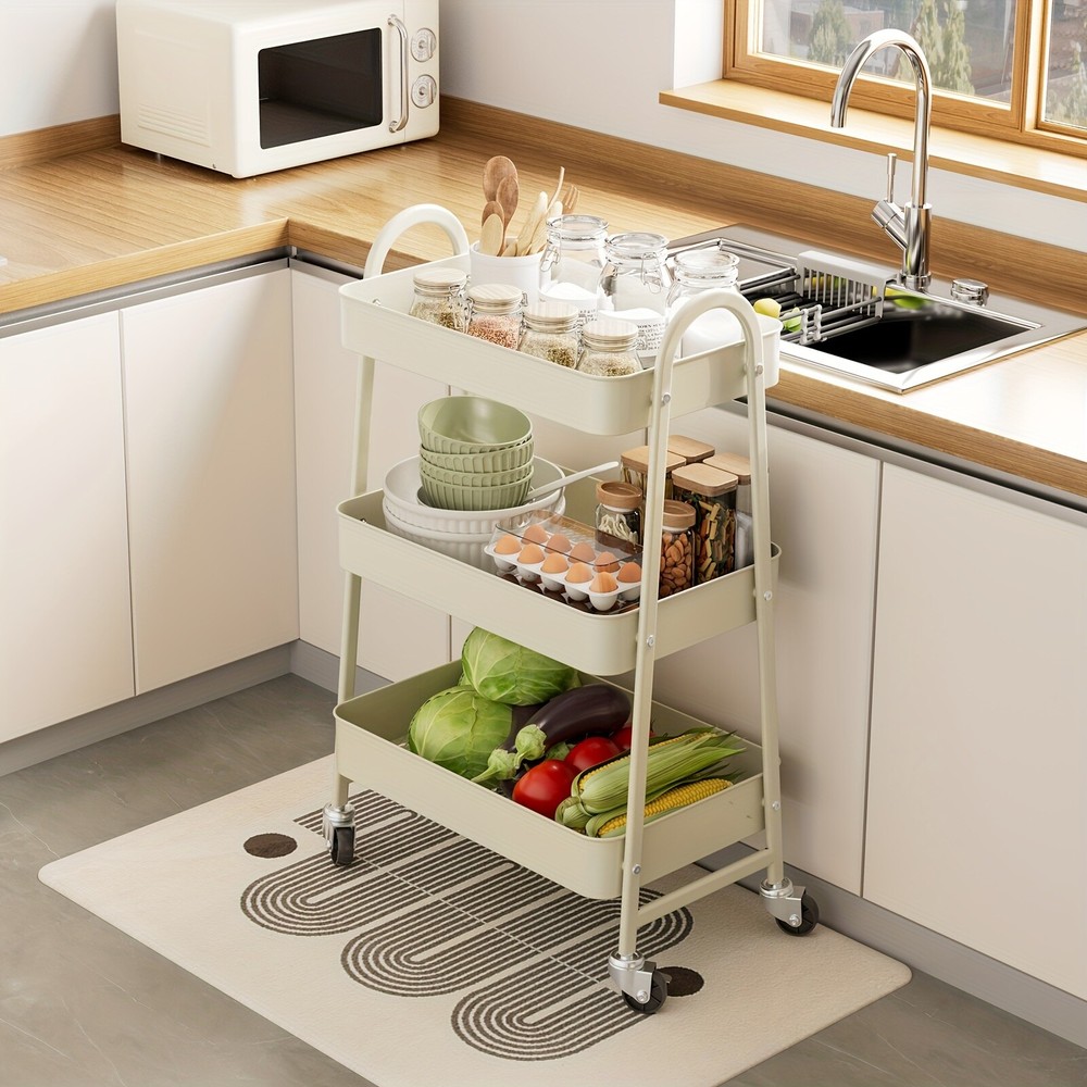 3-Tier Rolling Kitchen Cart, Metal Frame with Plastic Wheels, Space-Saving