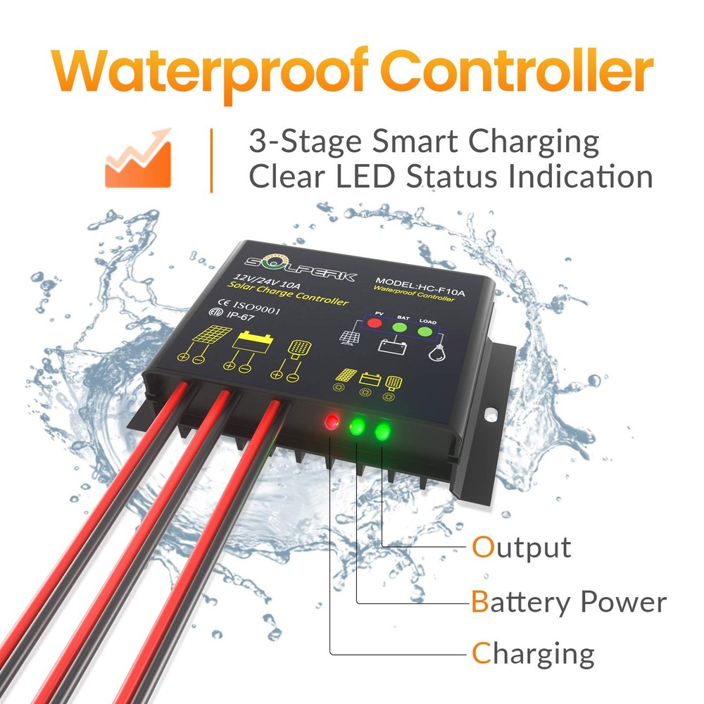 SOLPERK 10A Solar Charge Controller Waterproof Solar Panel Controller 12V/24V...