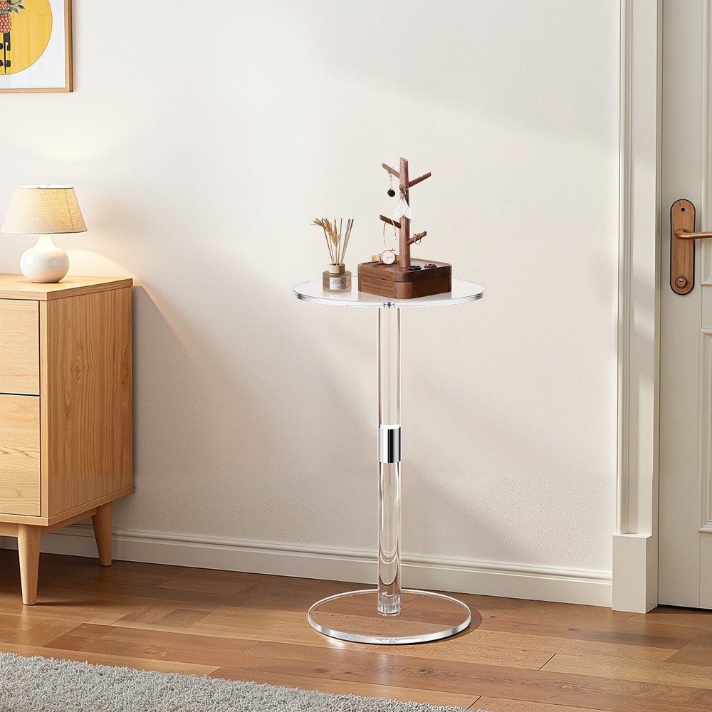 Acrylic Drink Table, Clear End Table Round Top with Solid Post, Modern Acrylic C
