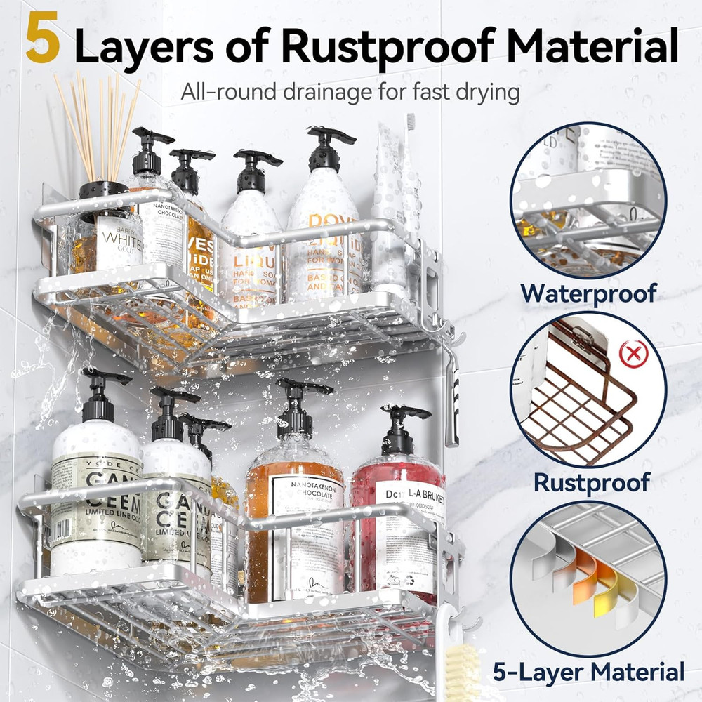 Corner Shower Caddy Organizer, 5-Pack Self-Adhesive Rustproof Bath Shelves with