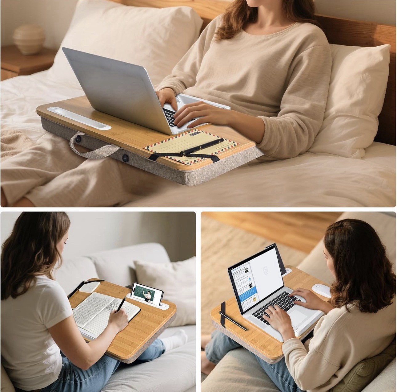 Wishacc Portable Bamboo Lap Desk Laptop Stand Working w/Handle Home Office Wood