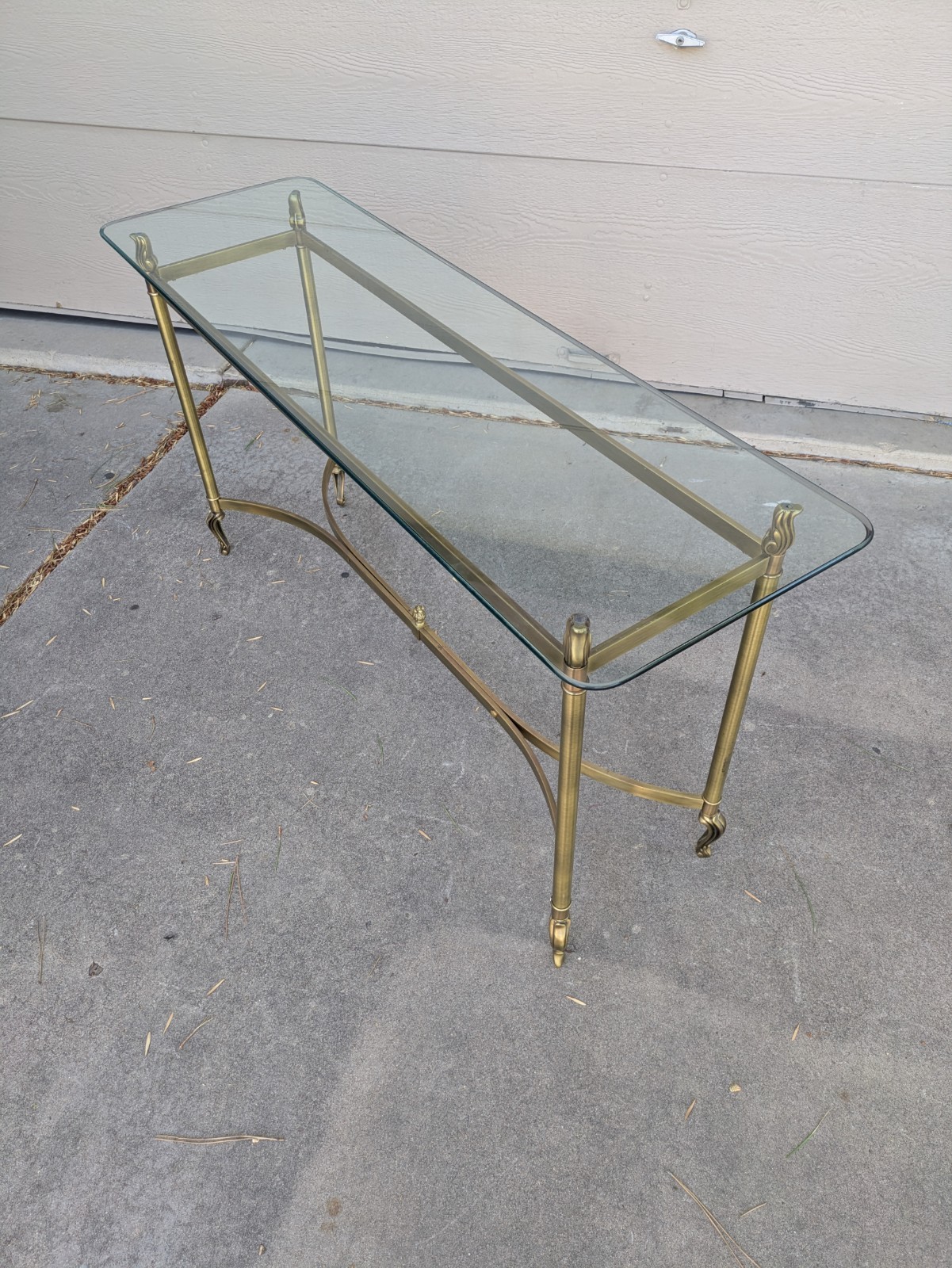Vintage La Barge Style Glass Brass Console Table Flame Tip Hollywood Regency