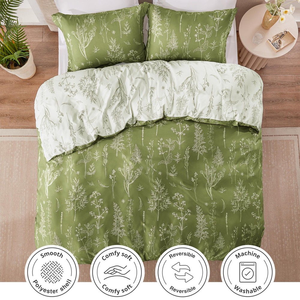 Olive Green Queen Comforter Set - Queen Size Comforter Set, 3 Pieces Cute Flo...