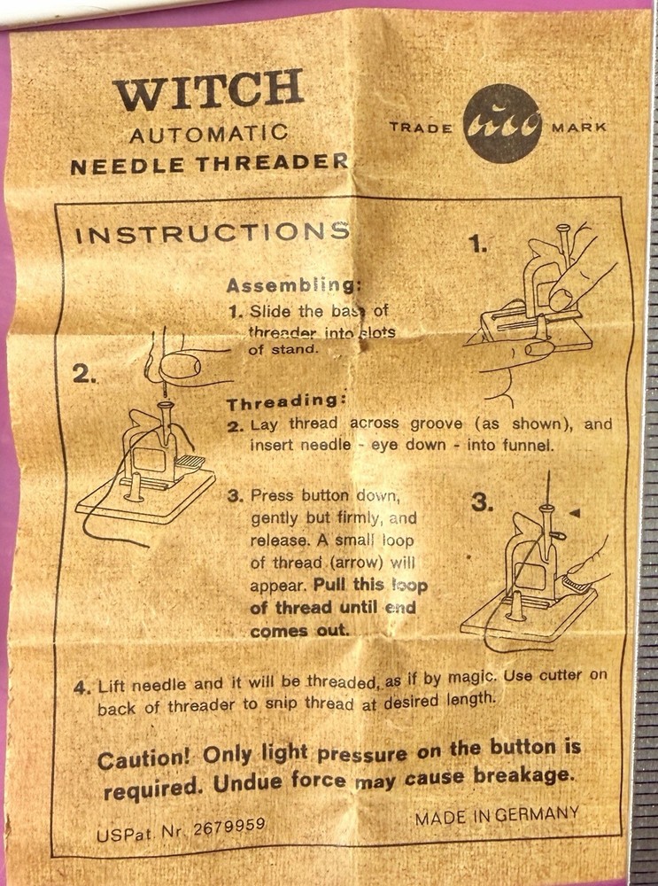 Witch Automatic Needle Threader: vintage sewing gadget w/ box & instructions