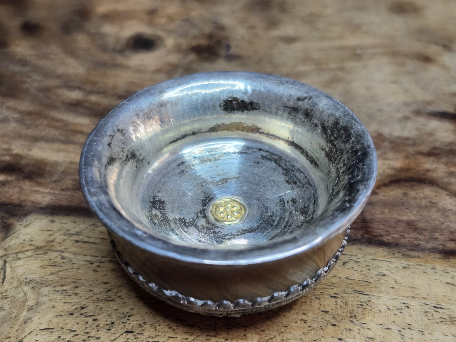 Tibetan Jha Phor Silver & Carved Stone Ritual Tea Bowl 2” Nepal 57.94 Grams