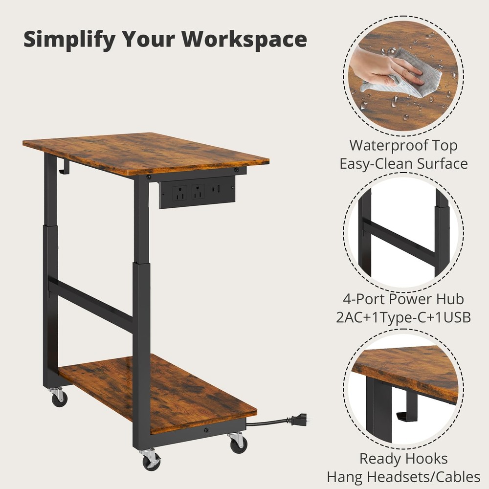 2-Tier Computer Tower Stand with Power Outlet, Height Adjustable PC Tower Sta...