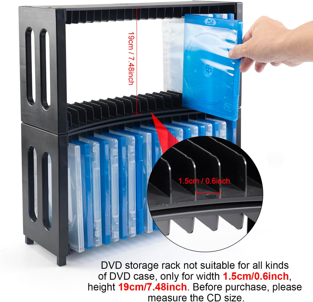 DVD Storage Rack, Upgrade 2 Pack Stackable ABS DVD Storage Organizer Can Hold 40