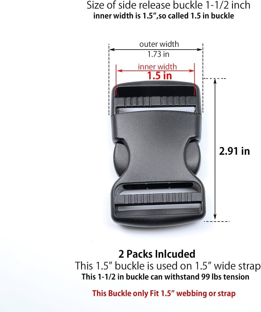 Quick Release 1.5 Inch Adjustable Buckles - Durable Plastic Strap Clips, 2 Pack