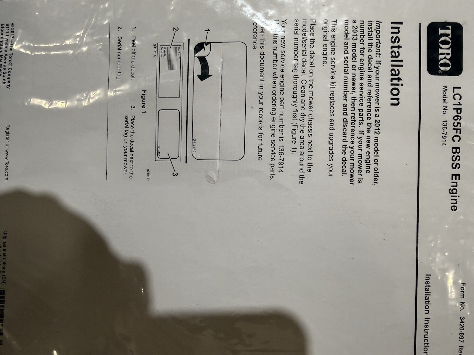 TORO 159cc 7.0 Ft/lb LC1P65FC 136-7914 Motor Vertical Shaft Engine