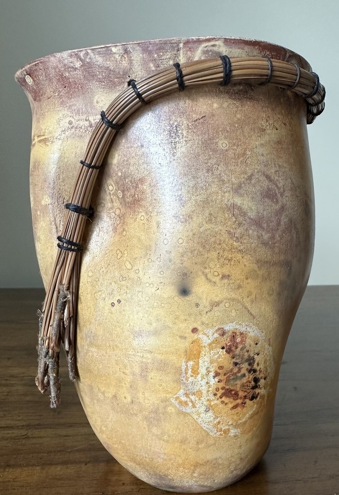 Pottery Vase Threaded Bamboo Rim, Primitive Pottery, Signed, Unique