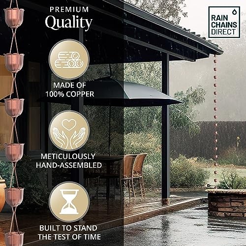 Rain Chains Direct - Flutes Rain Chain - 8.5 FT - Pure Solid Copper - Premium Ra