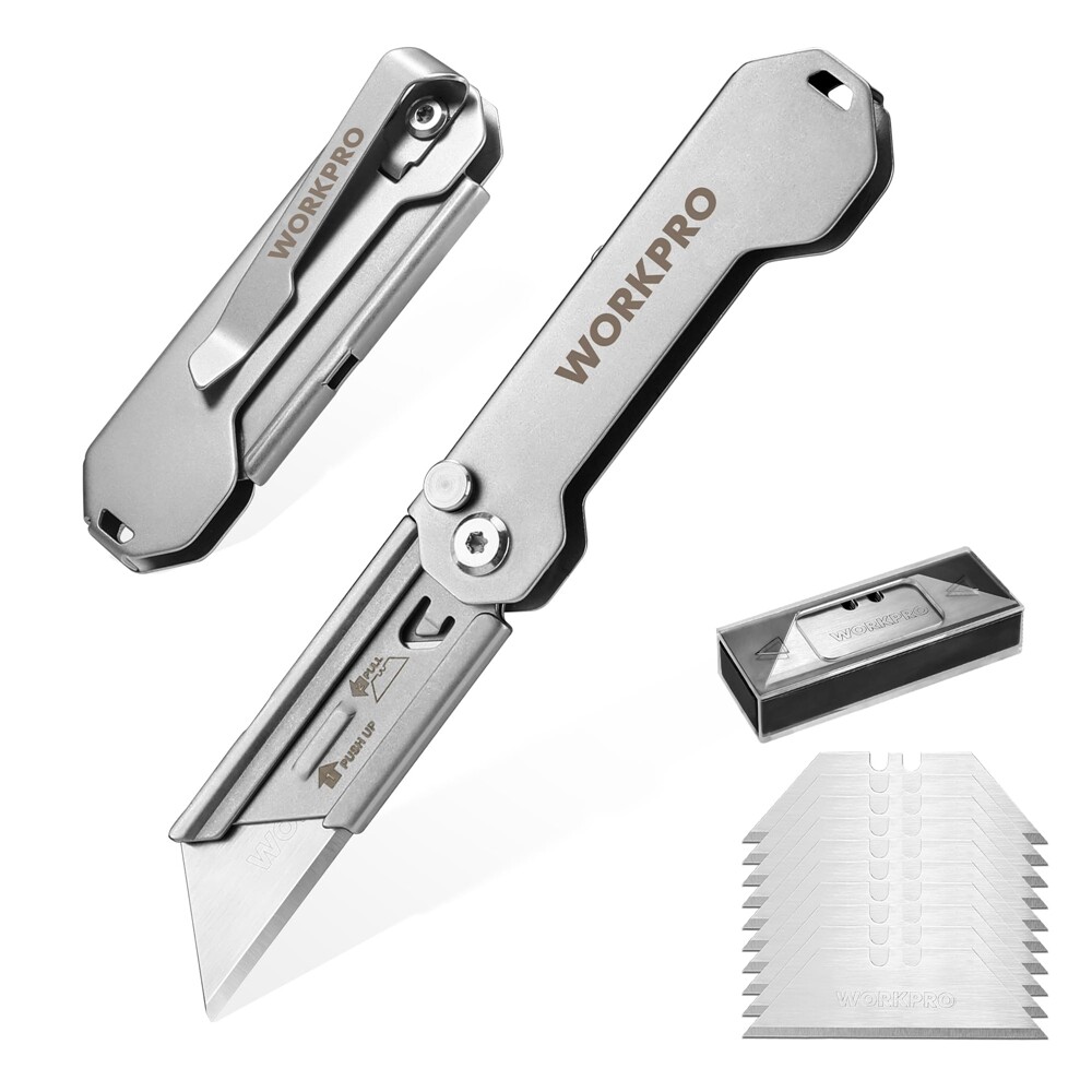 WORKPRO 2PC Folding Utility Knife Box Cutter Quick Change Razor Knife 10PC Blade