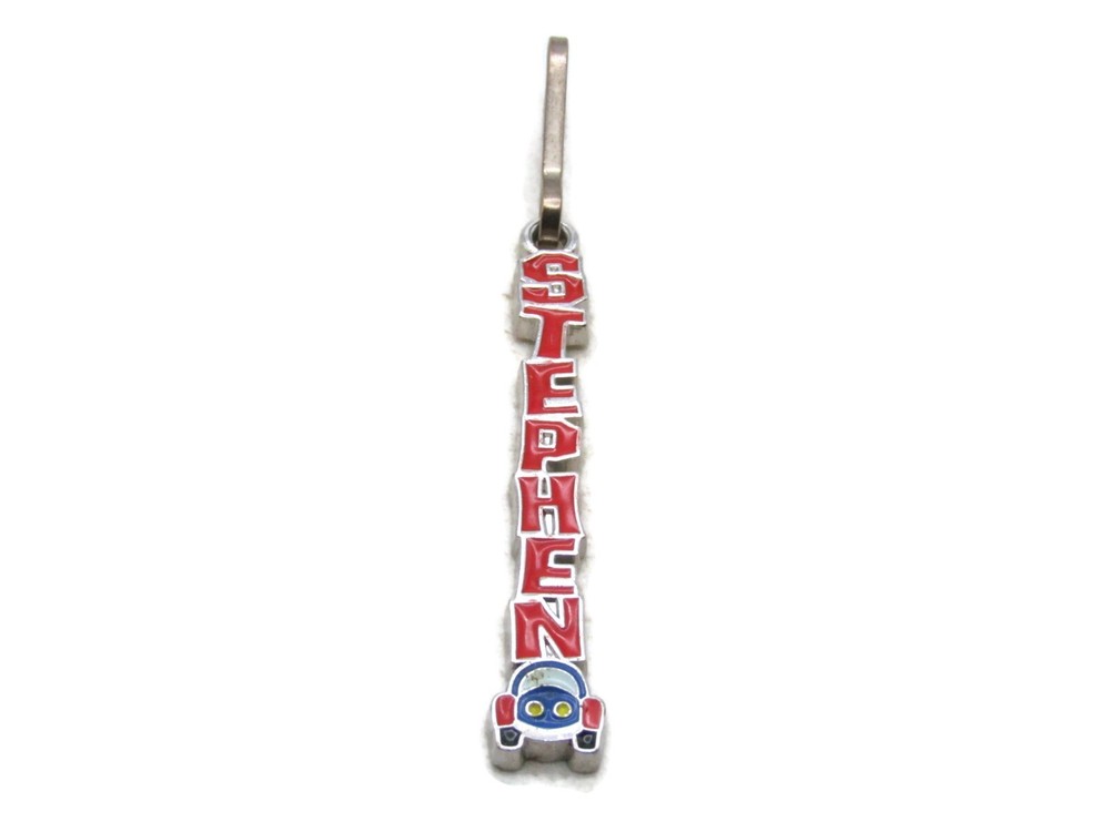 Stephen Keychain Charm Red Lettering Silver Tone