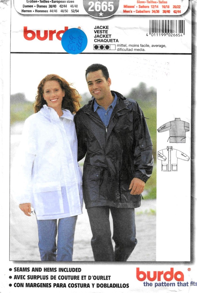 Burda 2665 His & Her Loose Fitting Jacket Sewing Pattern Uncut