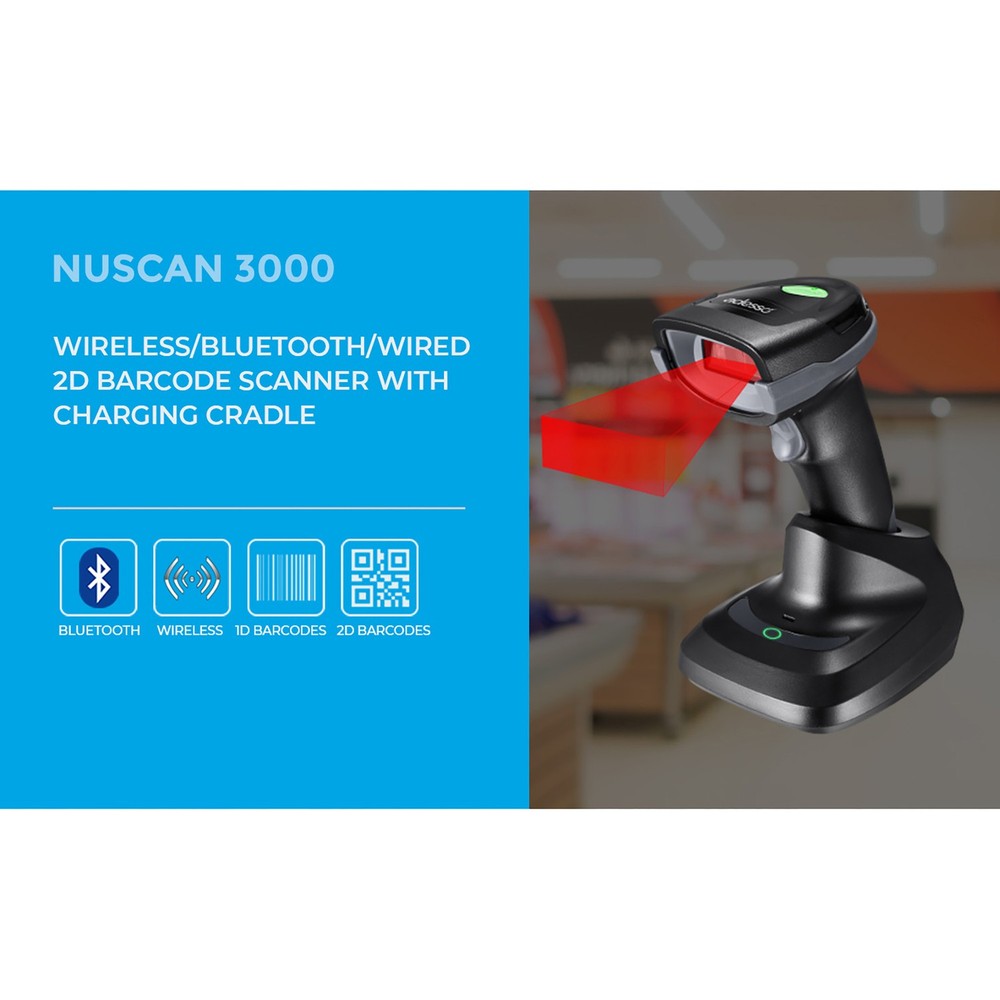 NuScan 3000 Bluetooth 2.4 GHz USB 2D Handheld Barcode Scanner, Cradle