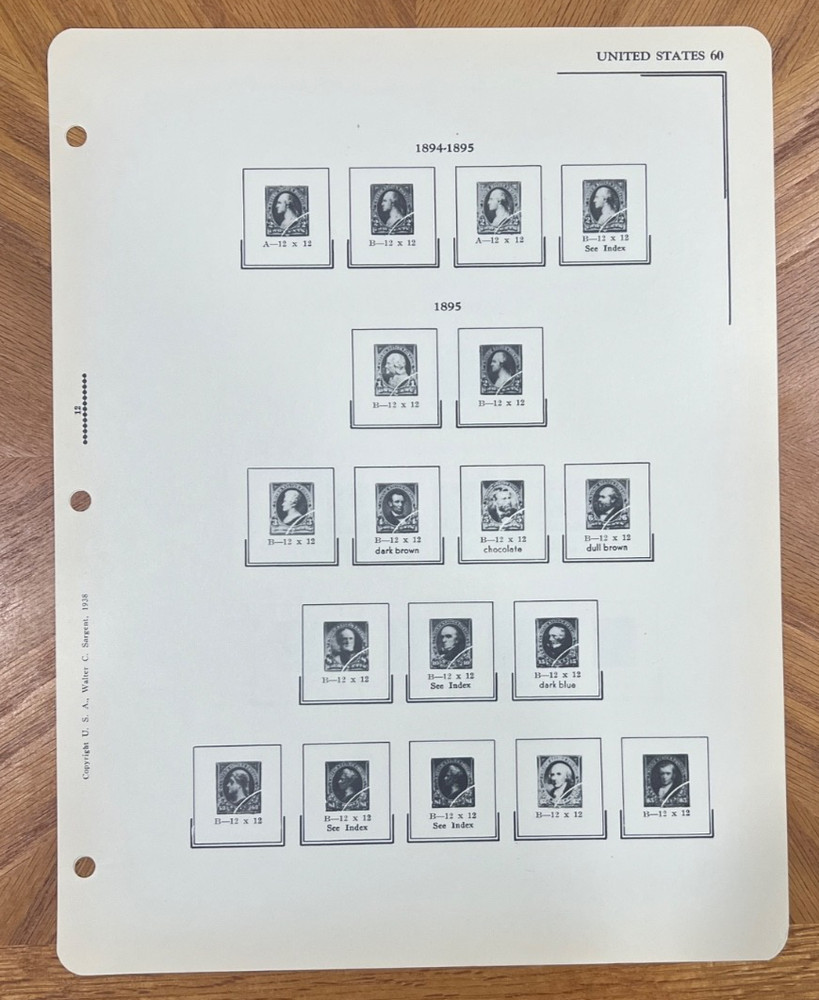 VINTAGE SARGENT LOOSE LEAF STAMP ALBUM PAGES #111 REGULAR ISSUES, 19TH CENTURY