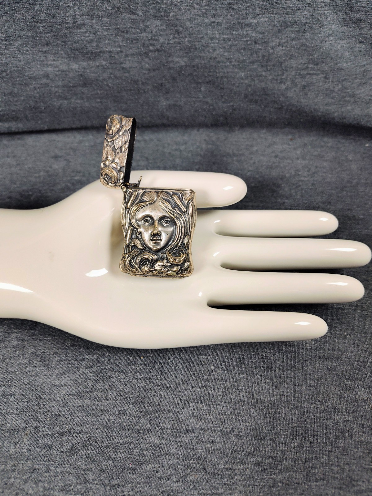 1870's Antique German Silver Art Nouveau Woman Lady Match Safe Vesta