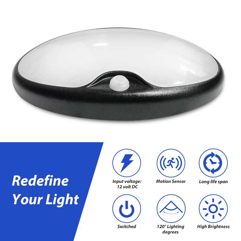 Black 12V LED Motion Sensor Light RV Boat Ceiling Down Light Fixture Switch UL