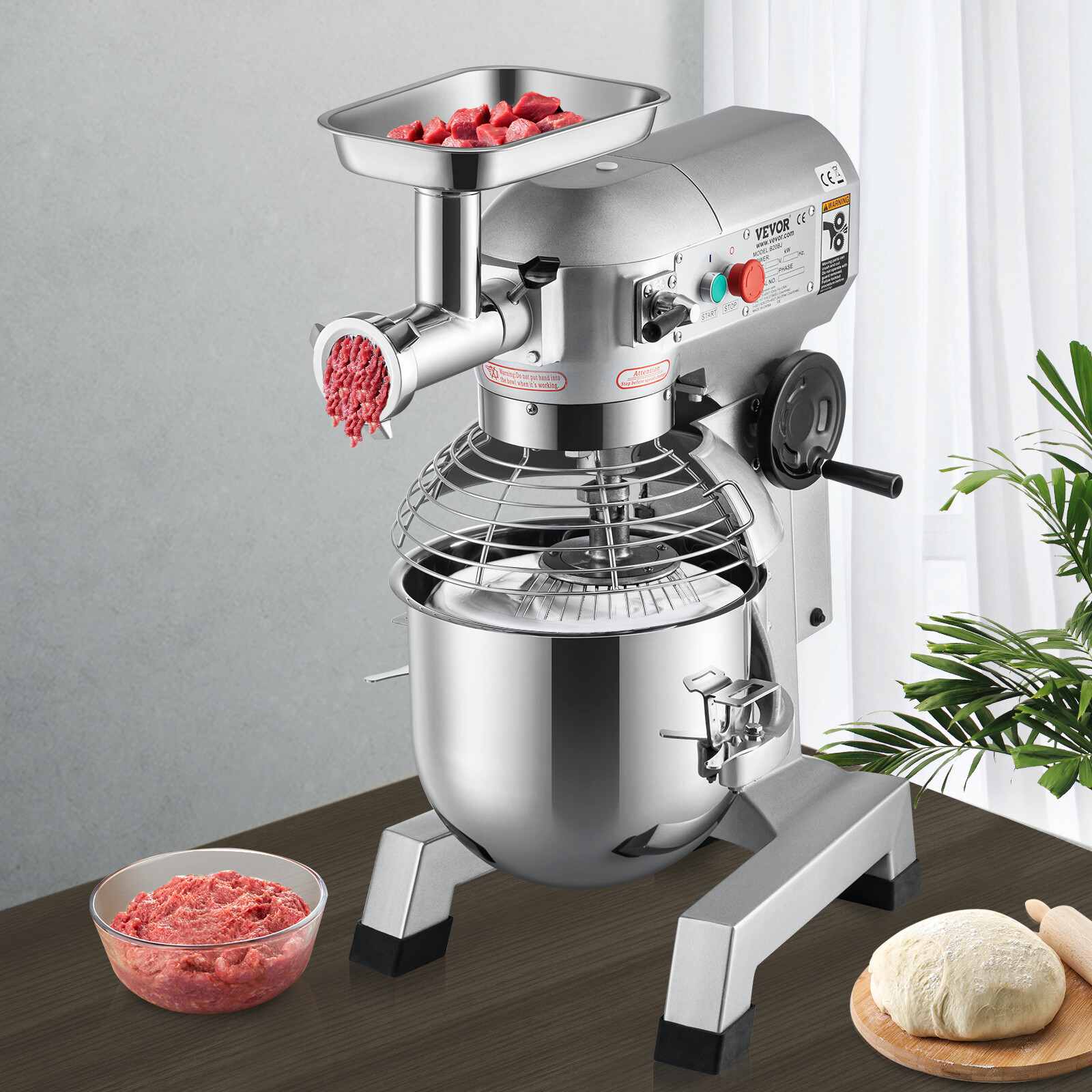 VEVOR Commercial Food Mixer with Meat Grinder 20Qt 3 Speeds Pizza Bakery 1100W