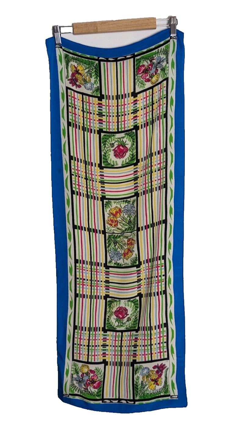 Vintage floral bird stripped scarf long rectangle approx 15 x 40" satin