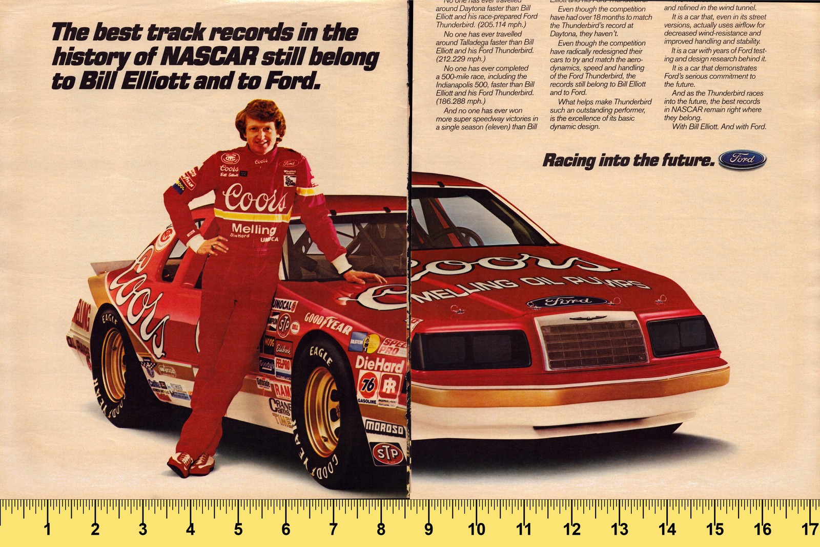1980s Ford Thunderbird NASCAR Bill Elliott Coors Melling Vintage Print Ad Racing