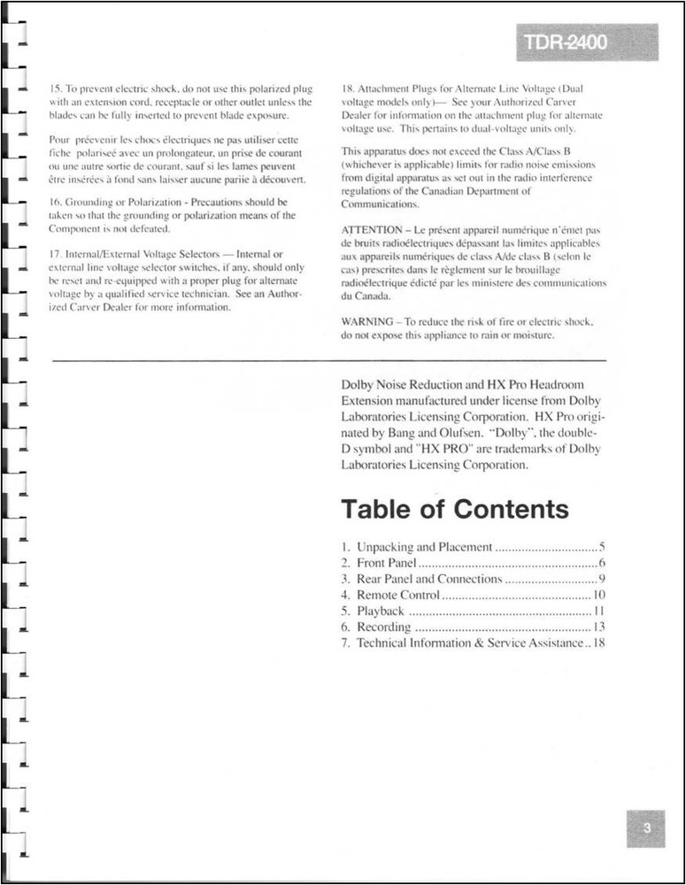 Carver TDR-2400 Double Auto Reverse Cassette Deck Owner's Manual