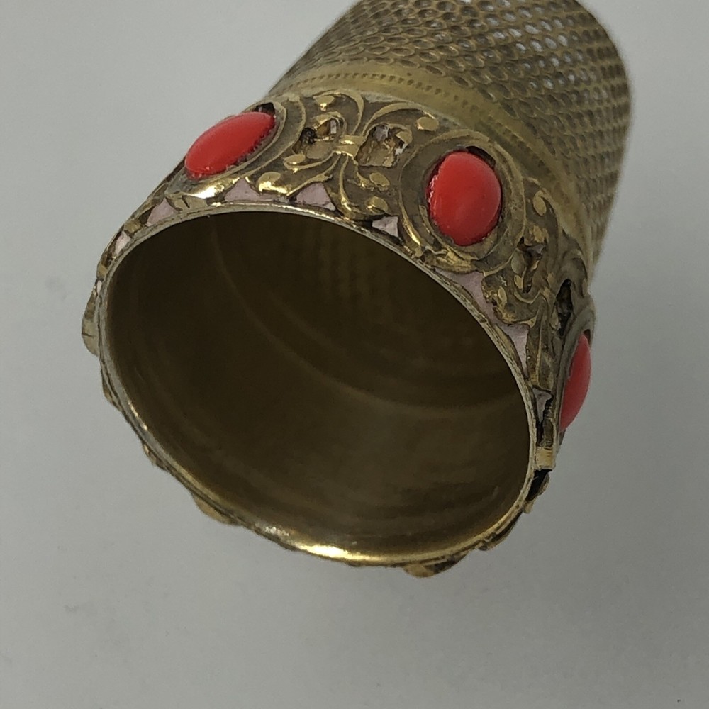 Solid Silver Thimble Gilded Stone Set Italian Approx size 6 Boxed. c1960