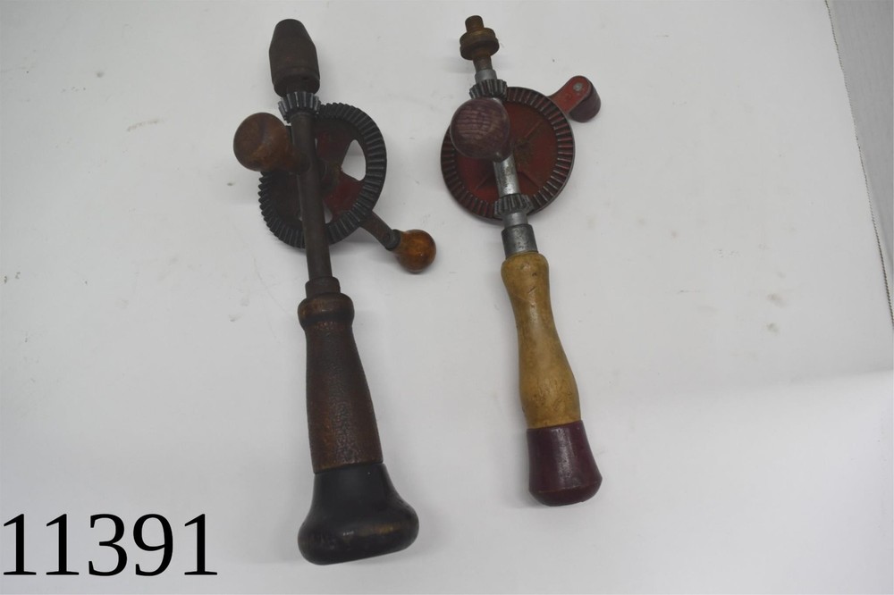 TWO VINTAGE EGG BEATER STYLE MANUAL HAND DRILLS DRILL BITS