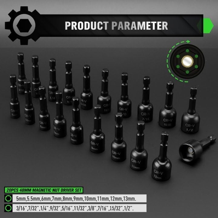 55-PCS Magnetic Nut Driver Set, Metric & SAE 1/4" Hex Shank Impact Driver Socket