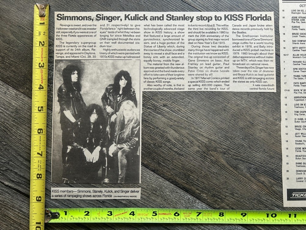 KISS Concert Clipping Revenge Tour FL Daytona Tampa Miami 1992 Lot Vintage Kiss