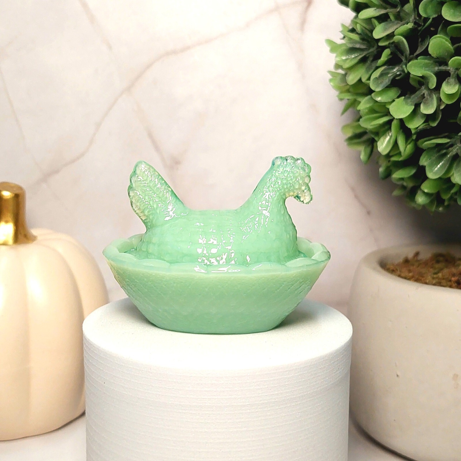 Jadeite Depression Style Glass Hen On Nest Chicken Salt Cellar Dish, VTG Style